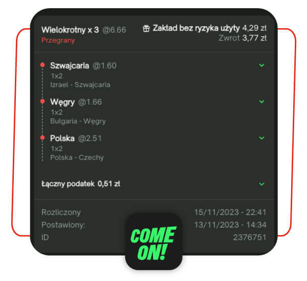 comeon zwrot pieniędzy zakład bez ryzyka