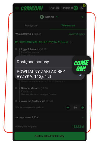 comeon kod bonusowy zakład bez ryzyka