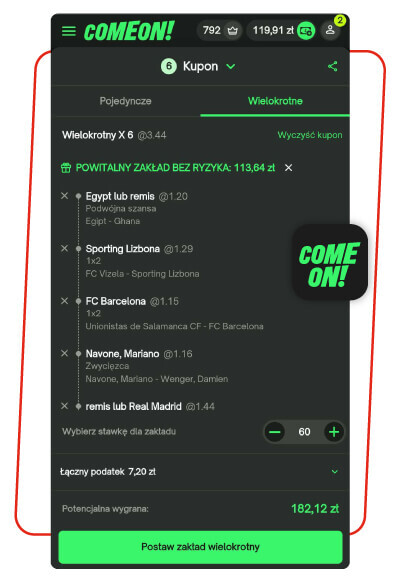 comeon zakład bez ryzyka bez obrotu